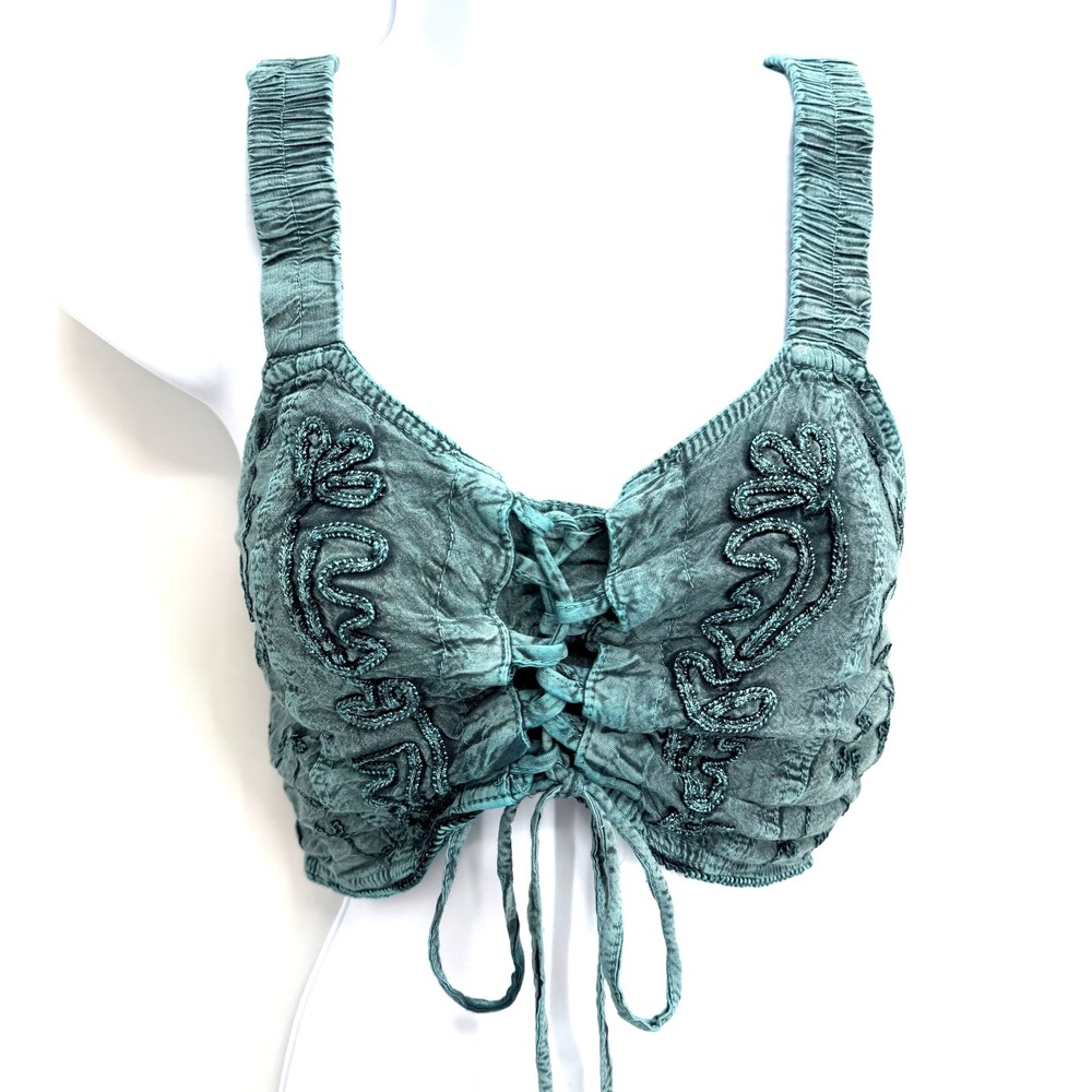 Lapogee Embroidered Lace Up Corset Crop Top One Size Boho Festival Hippie Teal